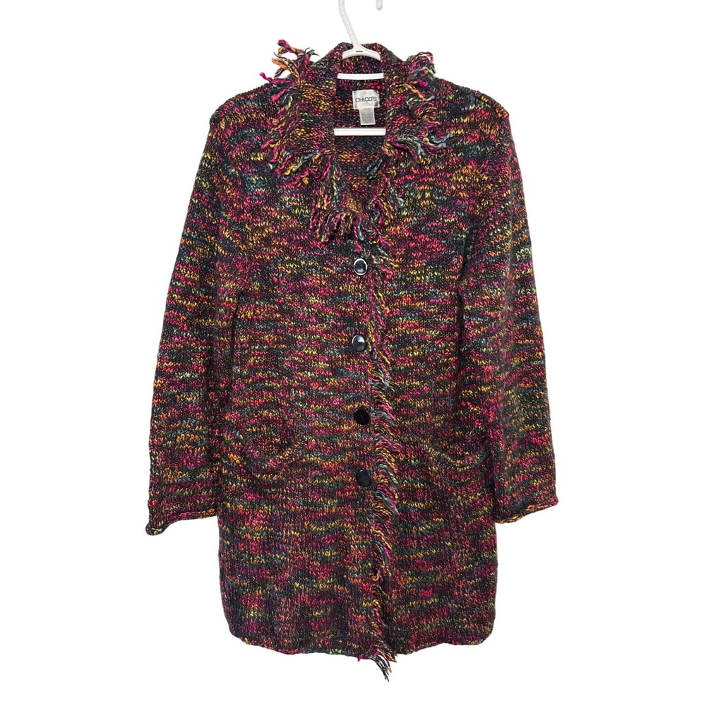 Chicos‎ Long Wool Blend Sweater Jacket Multi Color Knit Fringe Womens Large Boho